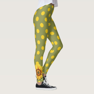 Lycklig Gult och Grönt Solros på Polka Dot Leggings