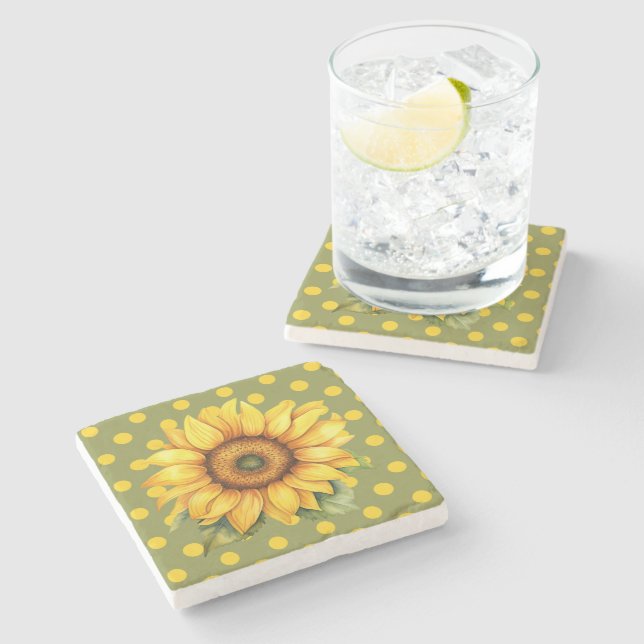 Lycklig Gult och Grönt Solros på Polka Dot Stenunderlägg (Sidan)