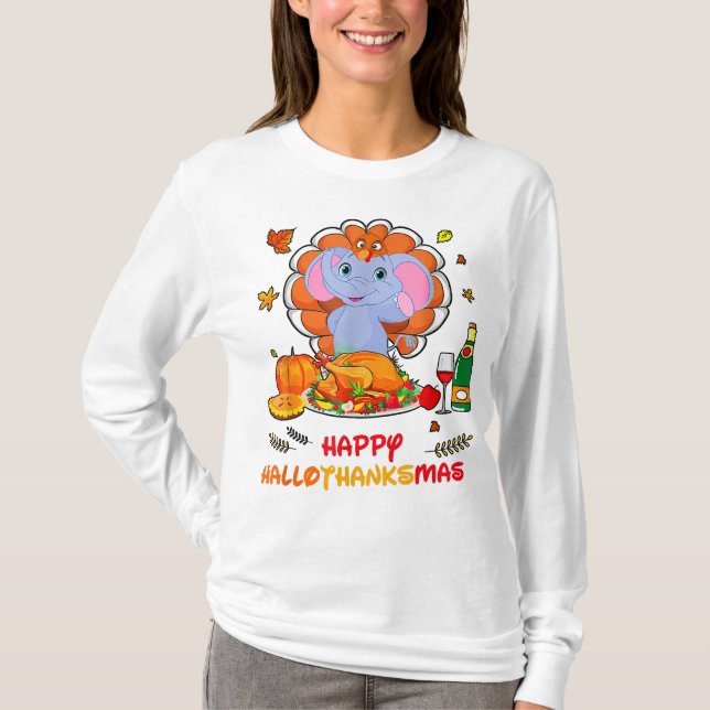 Lycklig Hallo Elephant Drinking Vin Tack Gift T Shirt (Framsida)