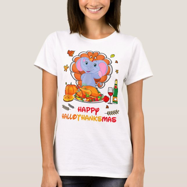 Lycklig Hallo Elephant Drinking Vin Tack Gift T Shirt (Framsida)