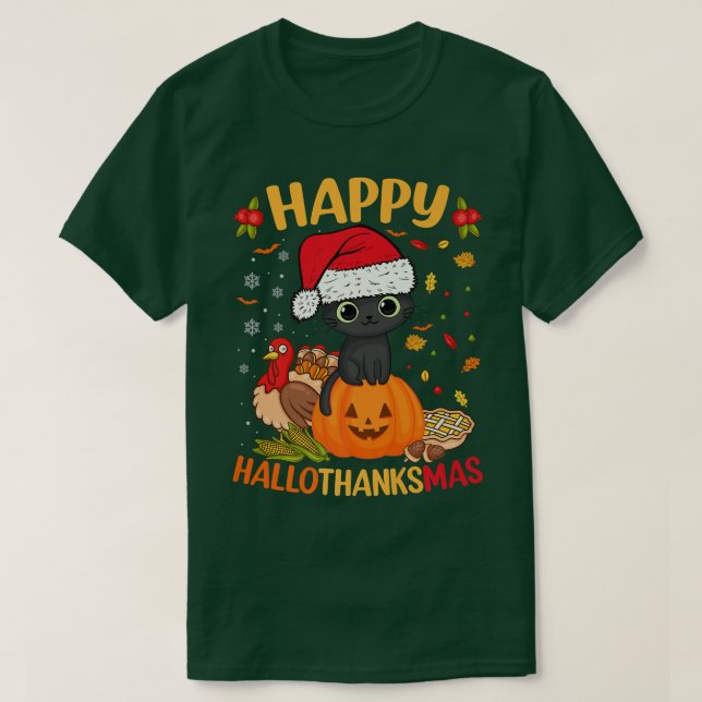 Lycklig HalloTackMas Black Cat Santa Hat Helgdag S T Shirt (Design framsida)
