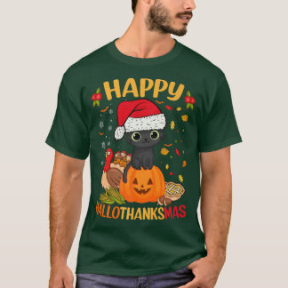 Lycklig HalloTackMas Black Cat Santa Hat Helgdag S T Shirt