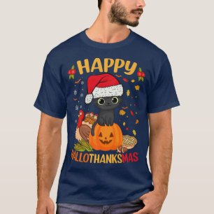 Lycklig HalloTackMas Black Cat Santa Hat Helgdag S T Shirt
