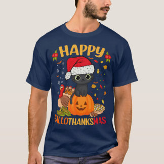Lycklig HalloTackMas Black Cat Santa Hat Helgdag S T Shirt