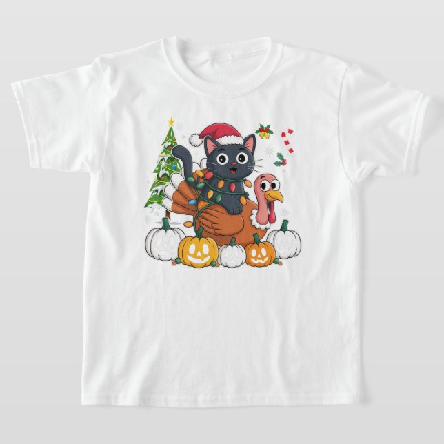 Lycklig HalloTackMas Black Cat Turkey Pumpkins T Shirt (Laydown)
