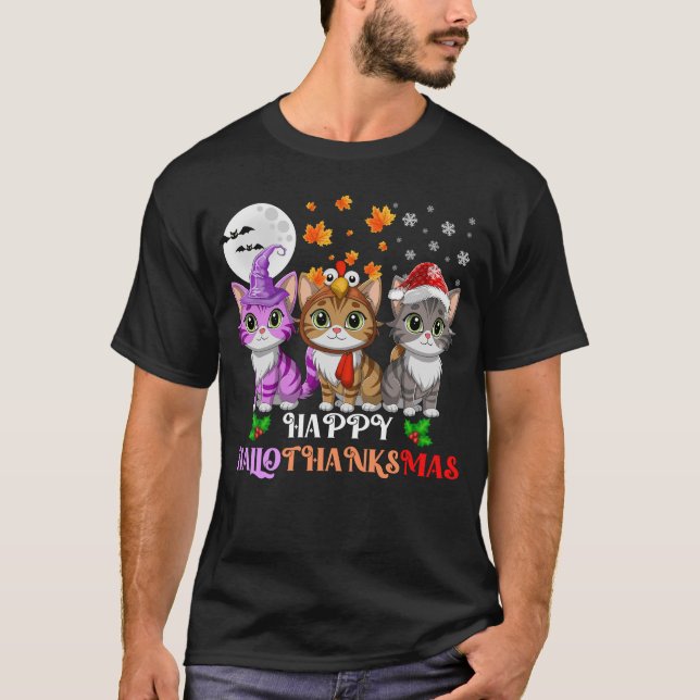 Lycklig HalloTackMas Cats T Shirt (Framsida)