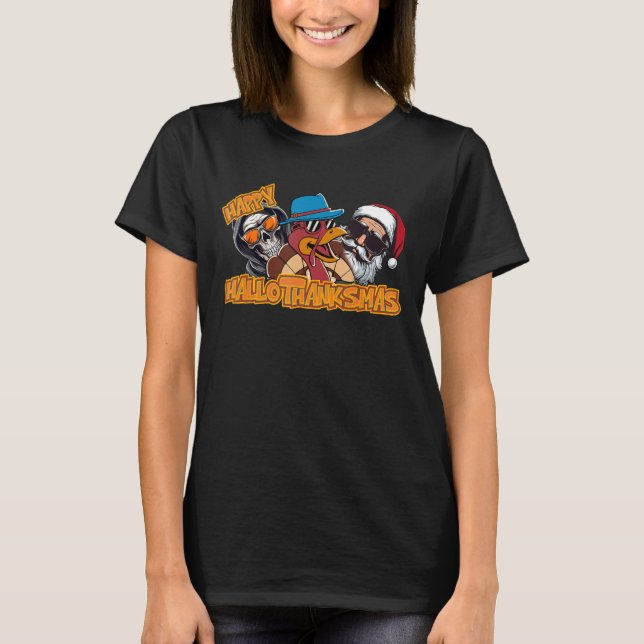 Lycklig HalloTackMas Halloween Thanksgiving Kristu T Shirt (Framsida)