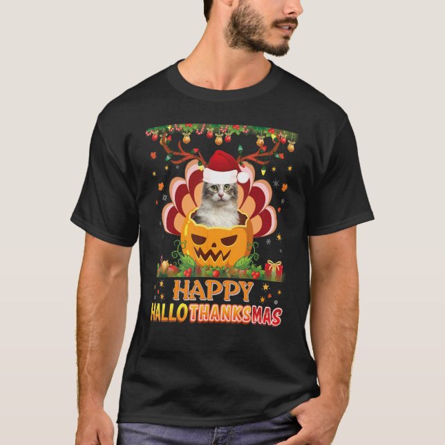 Lycklig Hallothanksmas American Curl Cat Halloween T Shirt (Framsida)