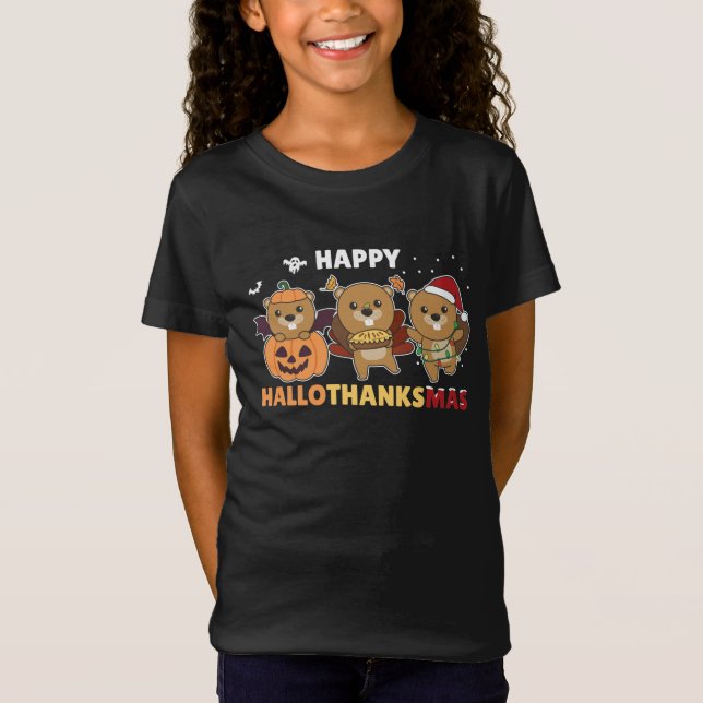 Lycklig Hallothanksmas Beaver jul Beaver Beaver T Shirt (Framsida)