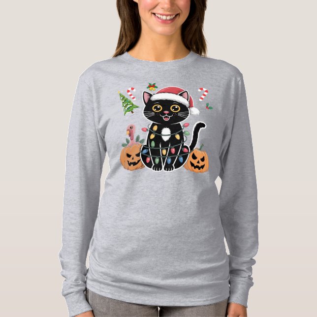 Lycklig Hallothanksmas Black Cat Halloween Pumpkin T Shirt (Framsida)