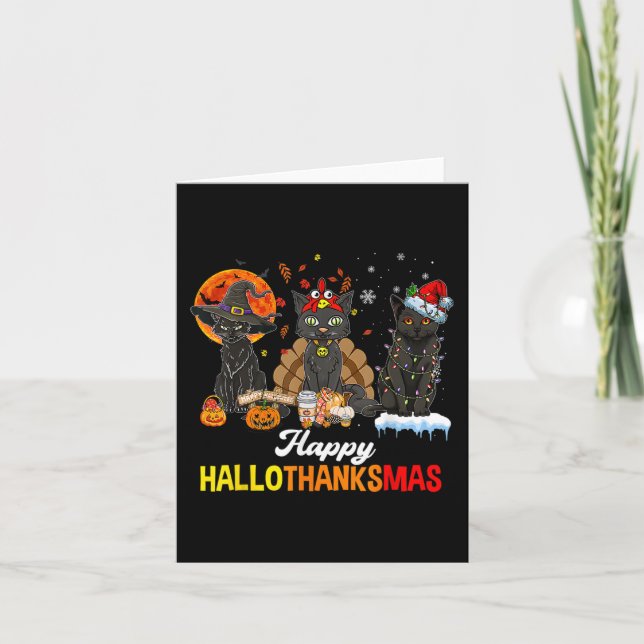 Lycklig Hallothanksmas Black Cat Halloween Thanksg Kort (Framsida)