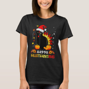 Lycklig Hallothanksmas Black Cat Halloween Thanksg T Shirt
