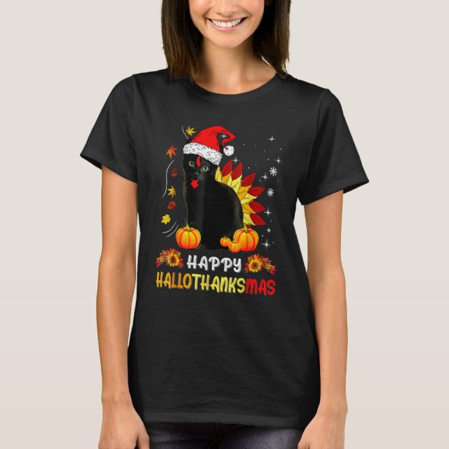 Lycklig Hallothanksmas Black Cat Halloween Thanksg T Shirt (Framsida)
