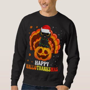 Lycklig Hallothanksmas Black Cat Lover Santa Pumpk Lång Ärmad Tröja