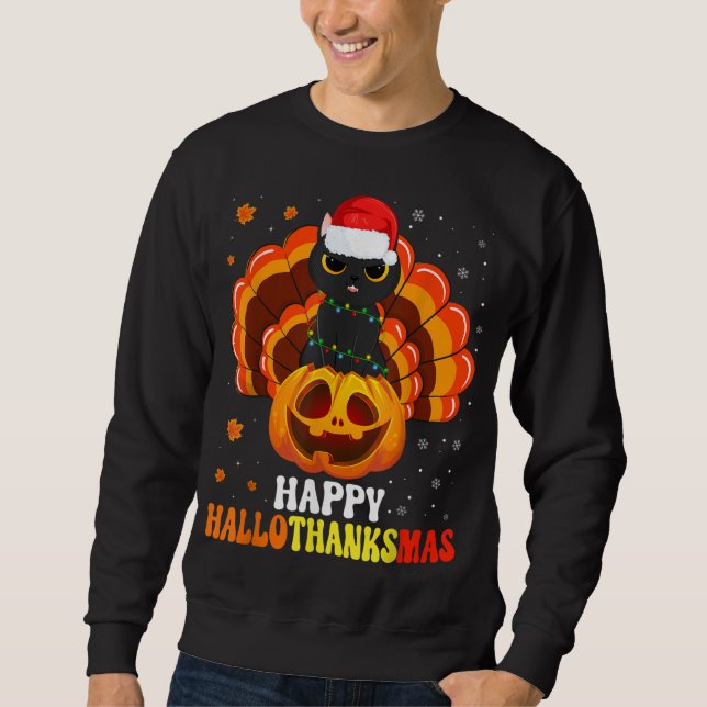 Lycklig Hallothanksmas Black Cat Lover Santa Pumpk Lång Ärmad Tröja (Framsida)
