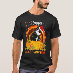 Lycklig Hallothanksmas Black Cat Pumpkin Santa Hat T Shirt