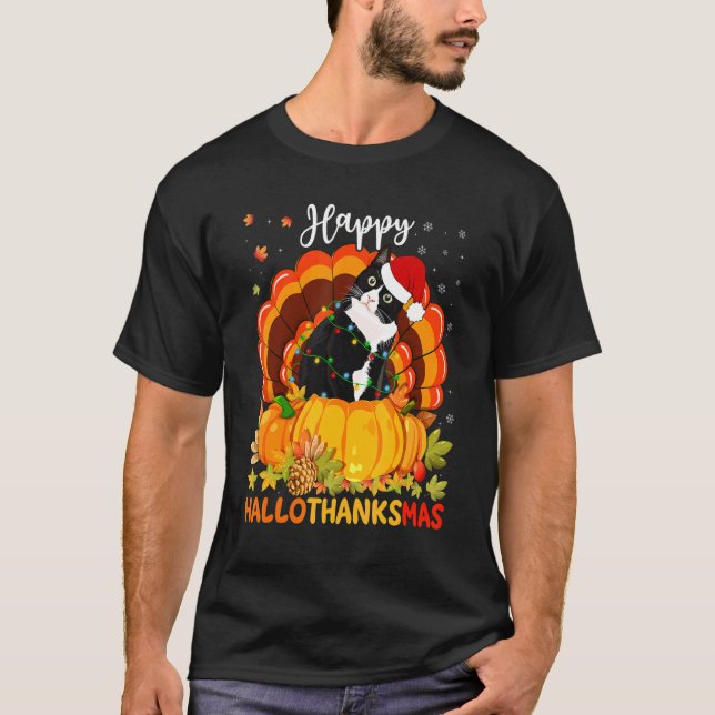 Lycklig Hallothanksmas Black Cat Pumpkin Santa Hat T Shirt (Framsida)