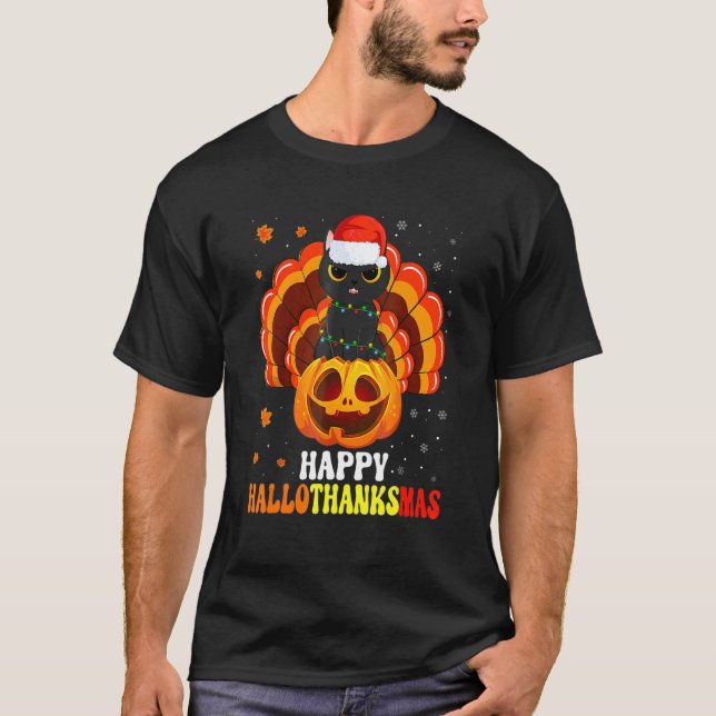 Lycklig Hallothanksmas Black Cat Santa Pumpkin Tur T Shirt (Framsida)