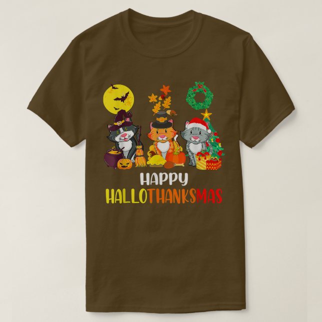 Lycklig Hallothanksmas Cat Halloween jul Tack T Shirt (Design framsida)