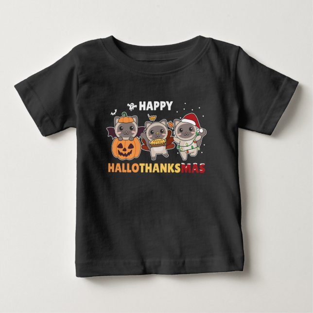Lycklig Hallothanksmas Cat jul Elephant T Shirt (Framsida)