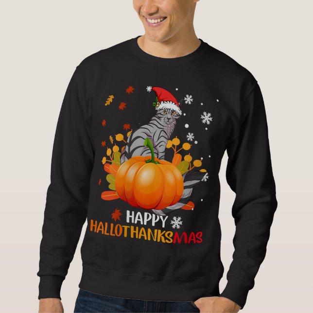 Lycklig HalloThanksmas Cat Lover Gift Shirt Lång Ärmad Tröja (Framsida)