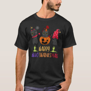 Lycklig Hallothanksmas Cat Vampire Santa Hat Pumpk T Shirt