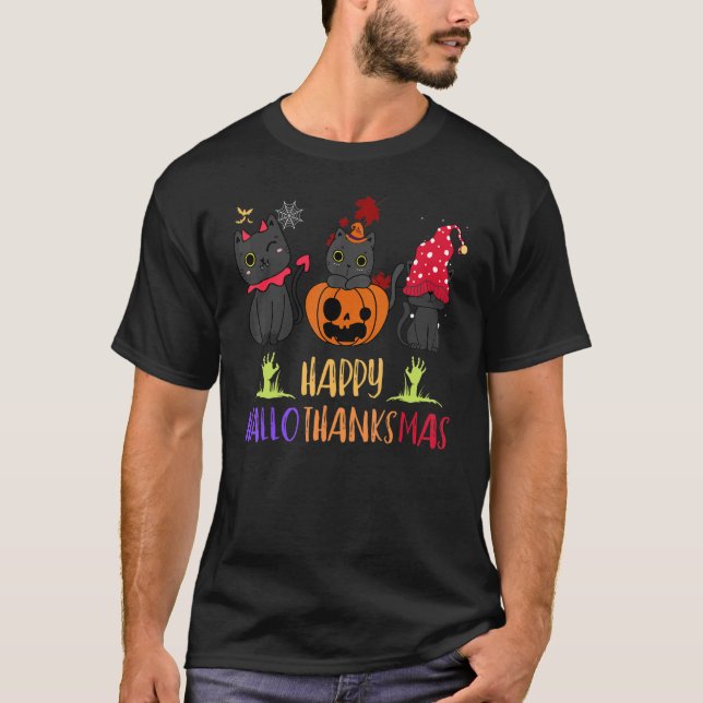 Lycklig Hallothanksmas Cat Vampire Santa Hat Pumpk T Shirt (Framsida)