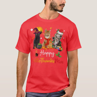 Lycklig Hallothanksmas Cats Älskare Halloween Merr T Shirt