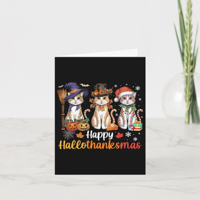 Lycklig Hallothanksmas Cats Halloween Thanksgiving Kort (Framsida)