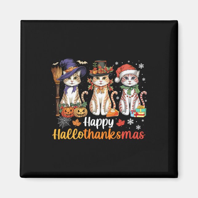 Lycklig Hallothanksmas Cats Halloween Thanksgiving Magnet (Framsidan)