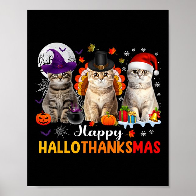Lycklig Hallothanksmas Cats Halloween Thanksgiving Poster (Framsidan)