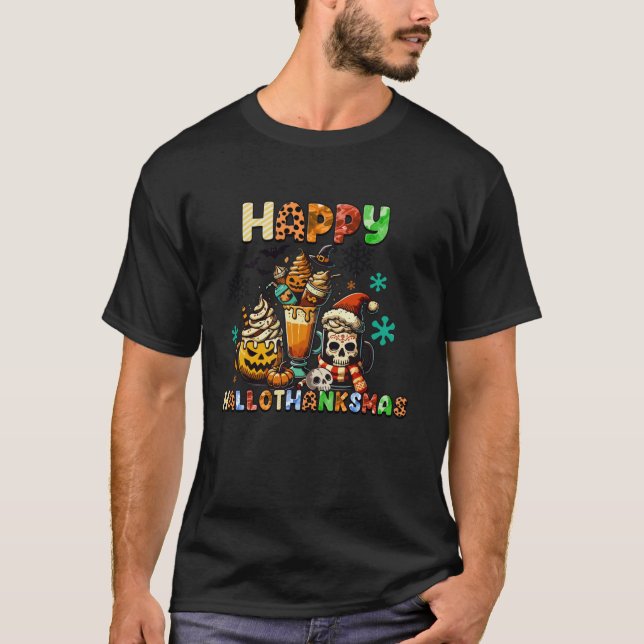 Lycklig Hallothanksmas Coffee Halloween jul T Shirt (Framsida)