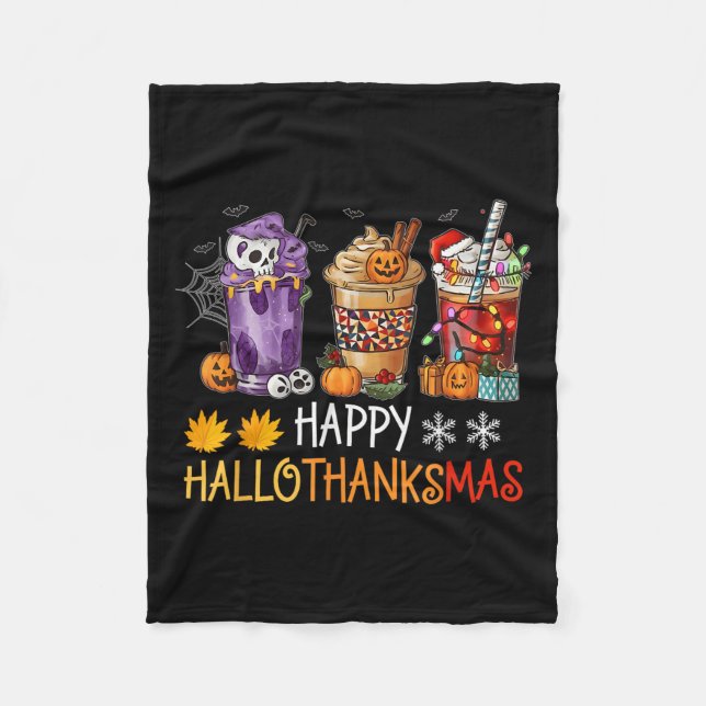 Lycklig Hallothanksmas Coffee Halloween Thanksgivi Fleecefilt (Framsidan)