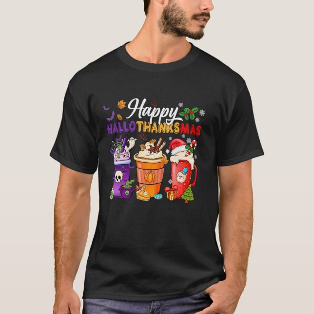 Lycklig Hallothanksmas Coffee Halloween Thanksgivi T Shirt (Framsida)
