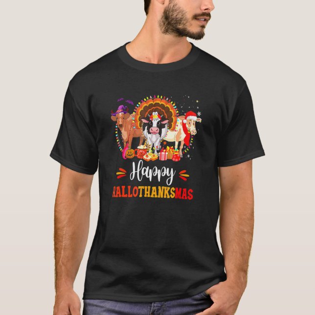 Lycklig Hallothanksmas Cow Turkey Halloween Thanks T Shirt (Framsida)