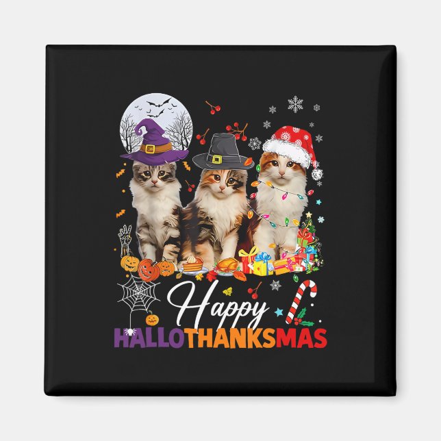 Lycklig Hallothanksmas Cute Cats Halloween Thanksg Magnet (Framsidan)