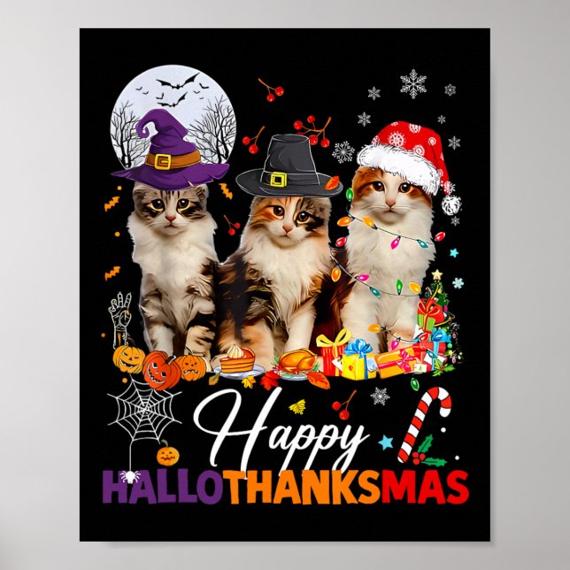 Lycklig Hallothanksmas Cute Cats Halloween Thanksg Poster (Framsidan)