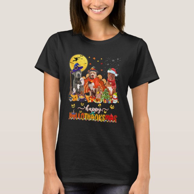 Lycklig Hallothanksmas Cute Pitbull Wizard Hat Tur T Shirt (Framsida)