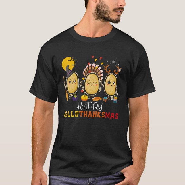 Lycklig Hallothanksmas Cute Spud Potato Halloween  T Shirt (Framsida)