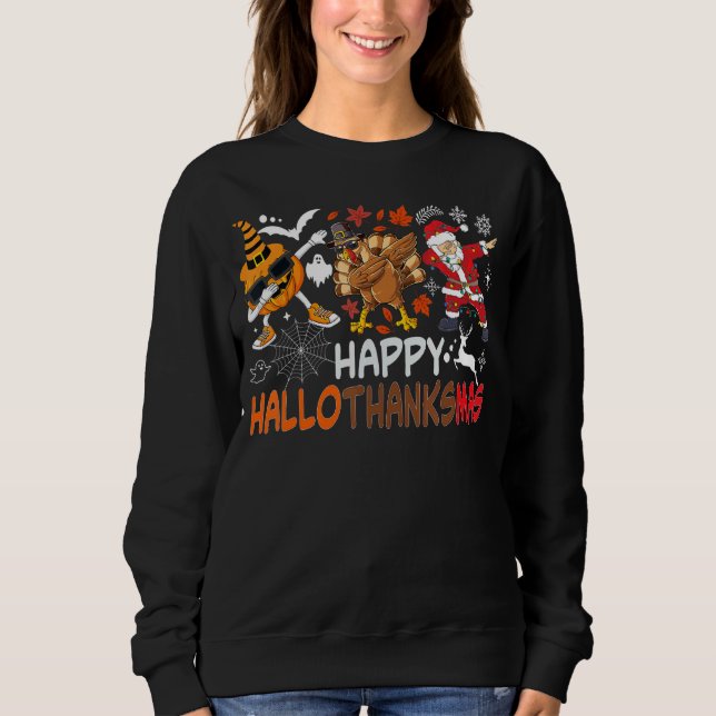 Lycklig Hallothanksmas Dabbing Witch Santa Hat Pum T Shirt (Framsida)