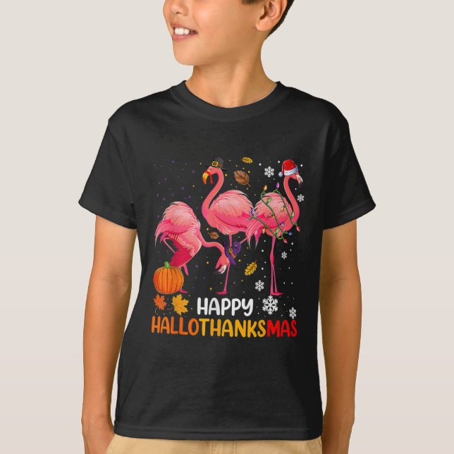 Lycklig Hallothanksmas Flamingo T Shirt (Framsida)