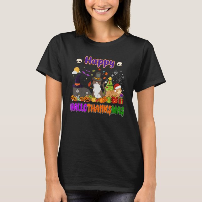 Lycklig Hallothanksmas Funny Cat Lover Witch Santa T Shirt (Framsida)