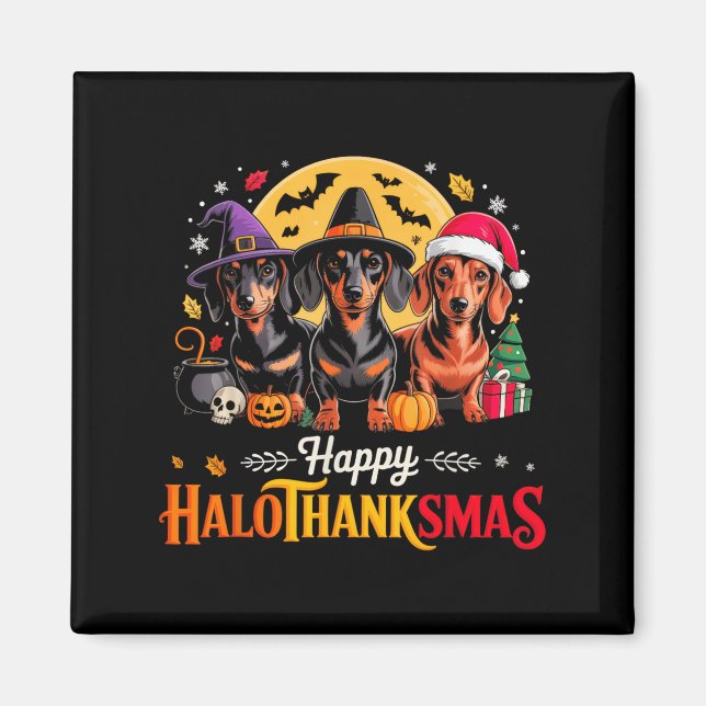 Lycklig Hallothanksmas Funny Dachshund Hund älskar Magnet (Framsidan)