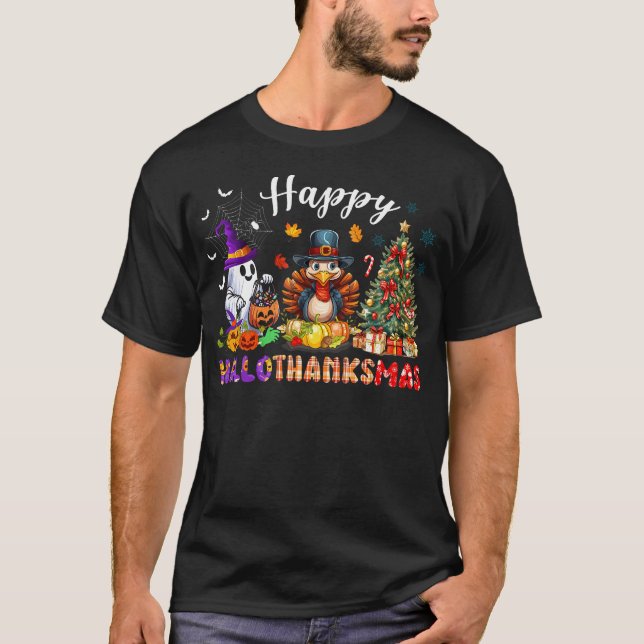 Lycklig Hallothanksmas Funny Halloween Thanksgivin T Shirt (Framsida)