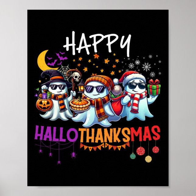 Lycklig Hallothanksmas Ghost Halloween Thanksgivin Poster (Framsidan)
