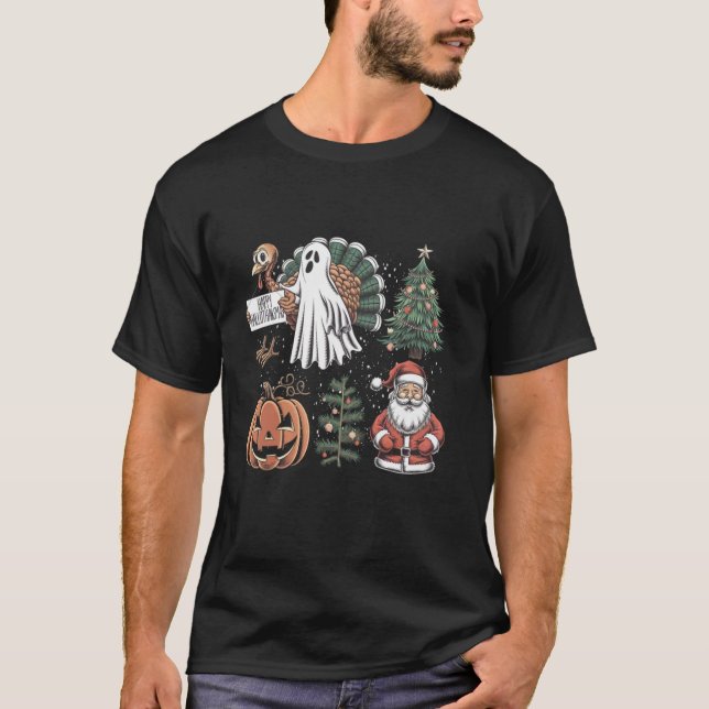 Lycklig Hallothanksmas Ghost Turkey Pumpkin Christ T Shirt (Framsida)