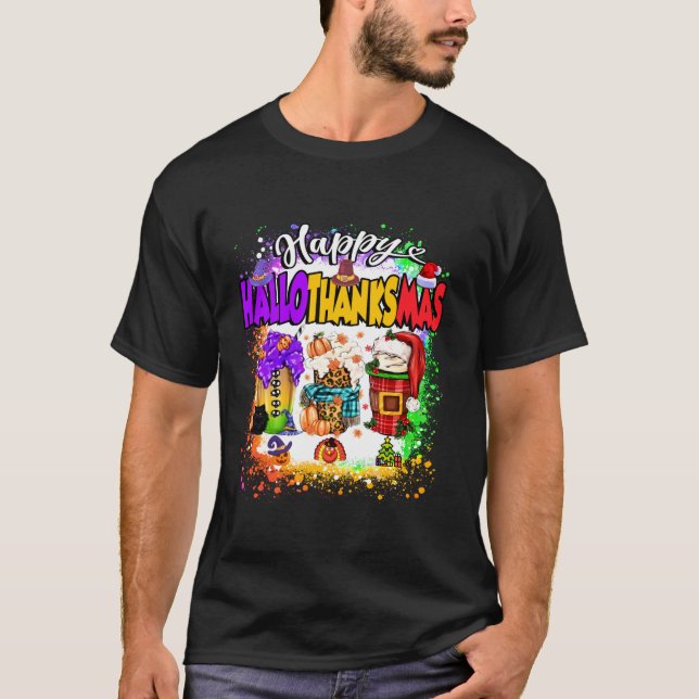 Lycklig Hallothanksmas Glass Halloween Thanksgivin T Shirt (Framsida)