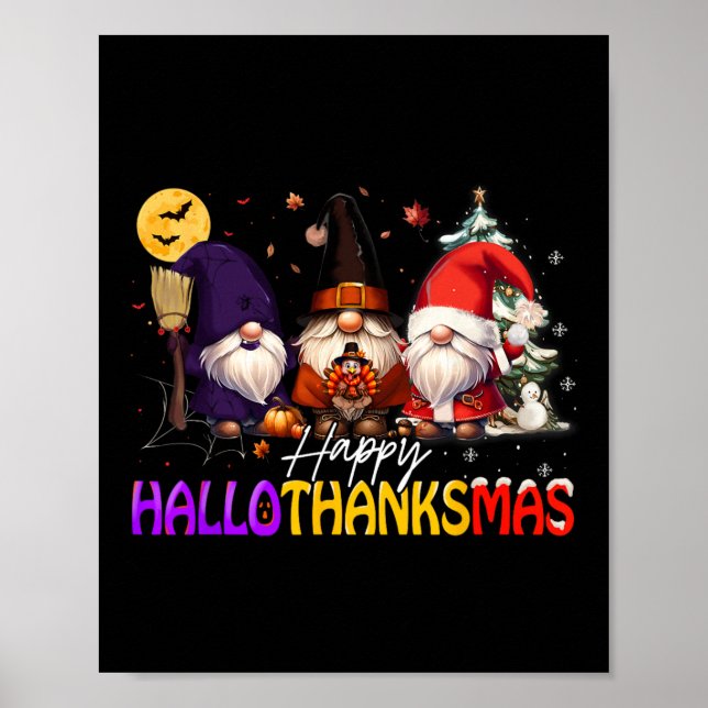 Lycklig Hallothanksmas Gnome Halloween Thanksgivin Poster (Framsidan)