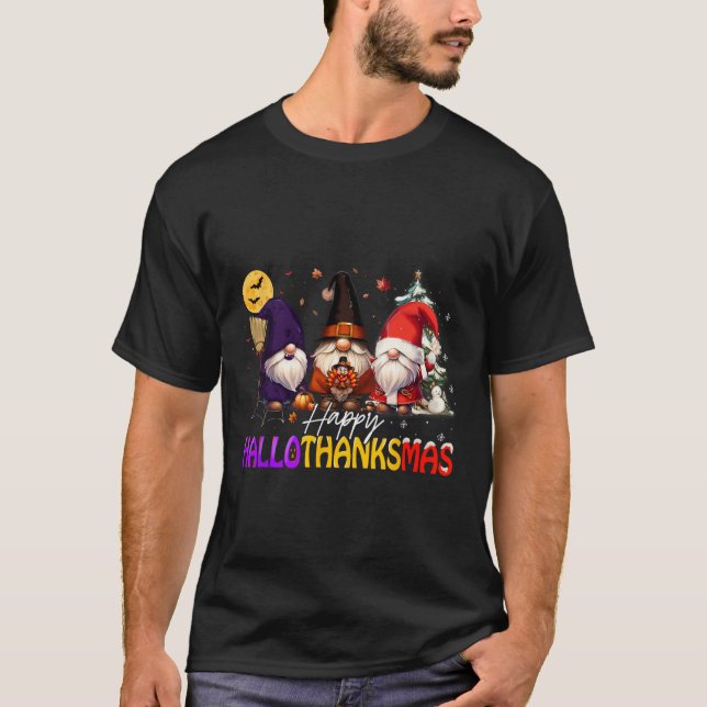 Lycklig Hallothanksmas Gnome Halloween Thanksgivin T Shirt (Framsida)