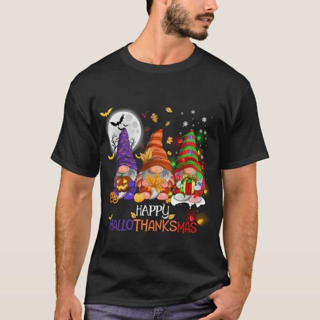 Lycklig Hallothanksmas Gnomes Älskare T Shirt (Framsida)
